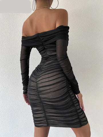 Shoulder Mesh Party Dress Women Clothing Sexy Club Backless Ruched Bodycon Dresses Long Sleeves Autumn Vestidos