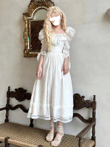 French Style Vintage White Dress Office Lady Elegant Lace Midi Dress Woman Even Party One Piece Dress Korean Fashion Summer