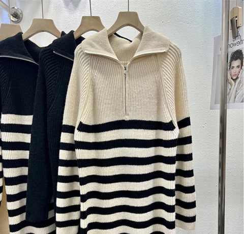 Korean Chic Big Lapel Zipper Stripe Mid Length Knit Dress Autumn Winter Pullover Long Sleeve Loose Warm Women Dress  New