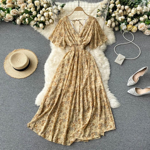 Retro Floral Print Ruffle Chiffon Elegant Midi Dress A-line V Neck Beach Vacation Dress Women Korean Fashion Summer Vestidos