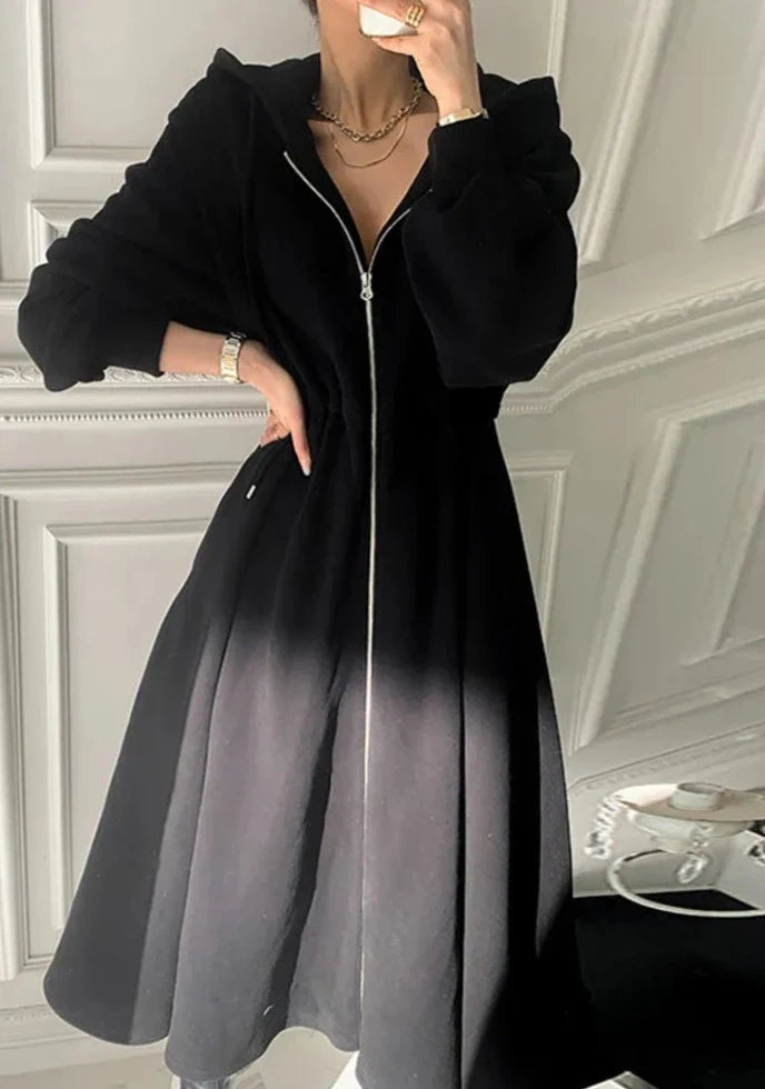 Fashion Chic Hooded Dress Women's Spring New Loose Zipper Long Sleeve Big Swing Mid-calf Dresses Female