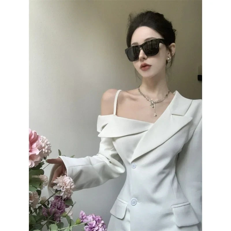 Chic Korean Fashion Dress Women Elegant Temperament Off Shoulder Dresses Spring 2023 Irregular Slim Button Up Blazer Dress