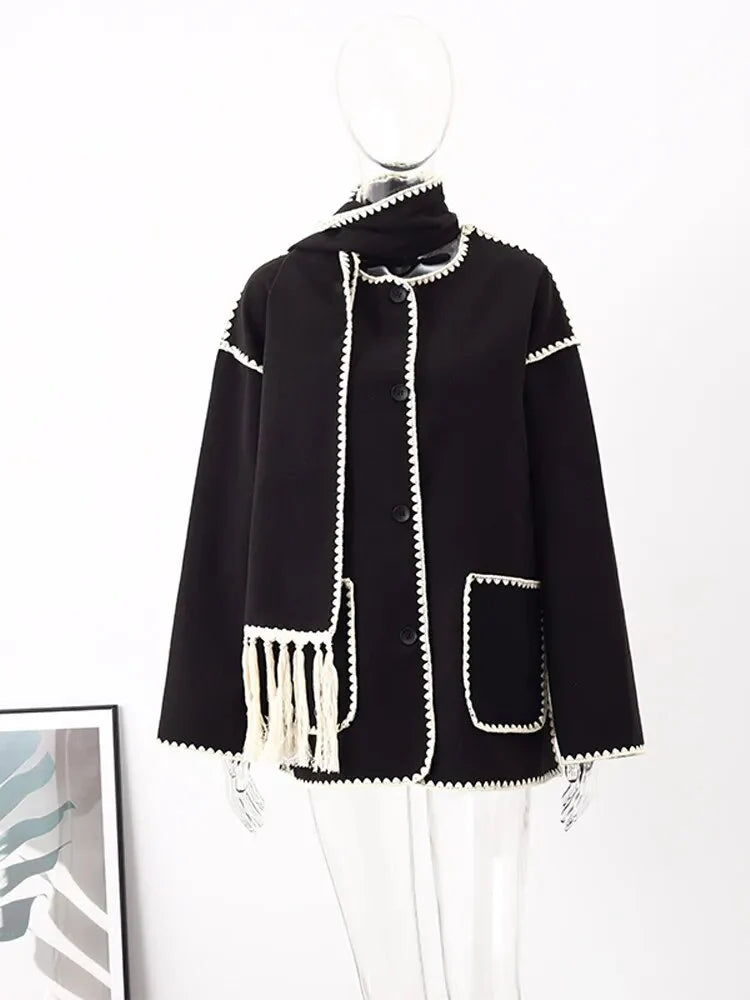 Fashion Loose Wool Coat With Scarf Women Elegant Pockets Long Sleeve Warm Jacket Lady Winter Single Breasted Thick Outwear