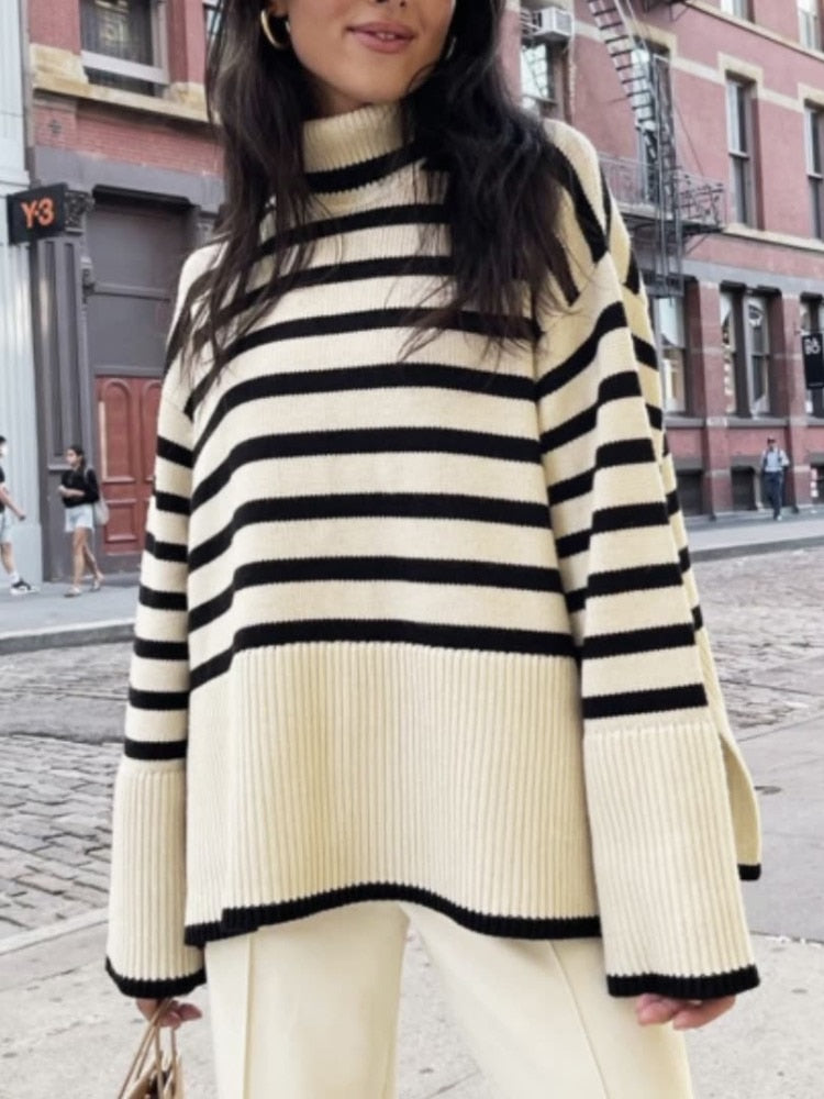 Winter Women's Long Sleeves Knit Sweater Turtleneck Striped Print Loose Pullover Tops  Autumn Oversized Sweater