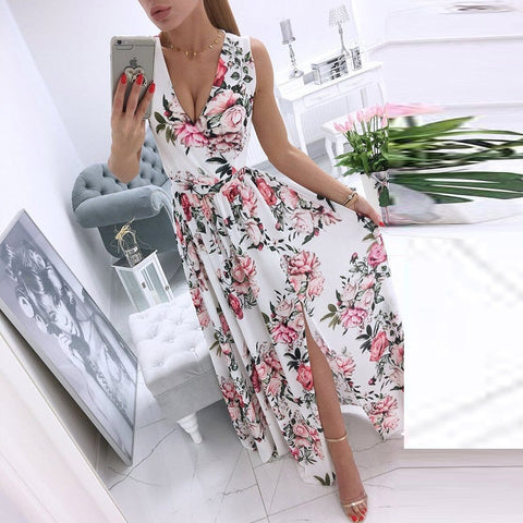 New Sexy V-Neck Women Sleeveless Solid Party Dress Casual Draped Festive Dress Elegant Summer Chiffon Wrap Slit Maxi Dress Mujer