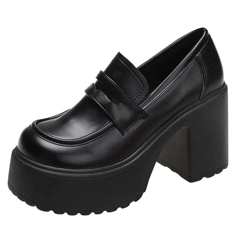 Black White Chunky Platform Loafers Women Autumn Thick High Heel Pumps Woman Slip On Pu Leather Goth Shoes Female