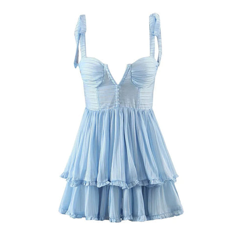 Boho Inspired Corset blue Floral Print sexy party dress bow tied Straps Dress women Chiffon tiered Ruffle cute Mini summer dress