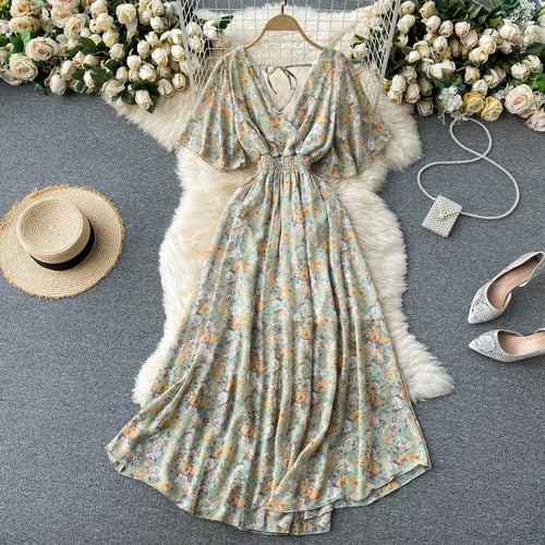 Retro Floral Print Ruffle Chiffon Elegant Midi Dress A-line V Neck Beach Vacation Dress Women Korean Fashion Summer Vestidos