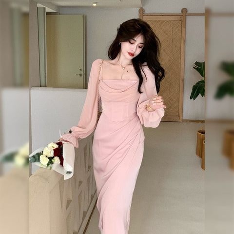 Autumn Solid Elegant Fairy Dresses Women Casual Party Fashion Korean One Piece Dress Female Lace Vintage Chic Midi Dresses