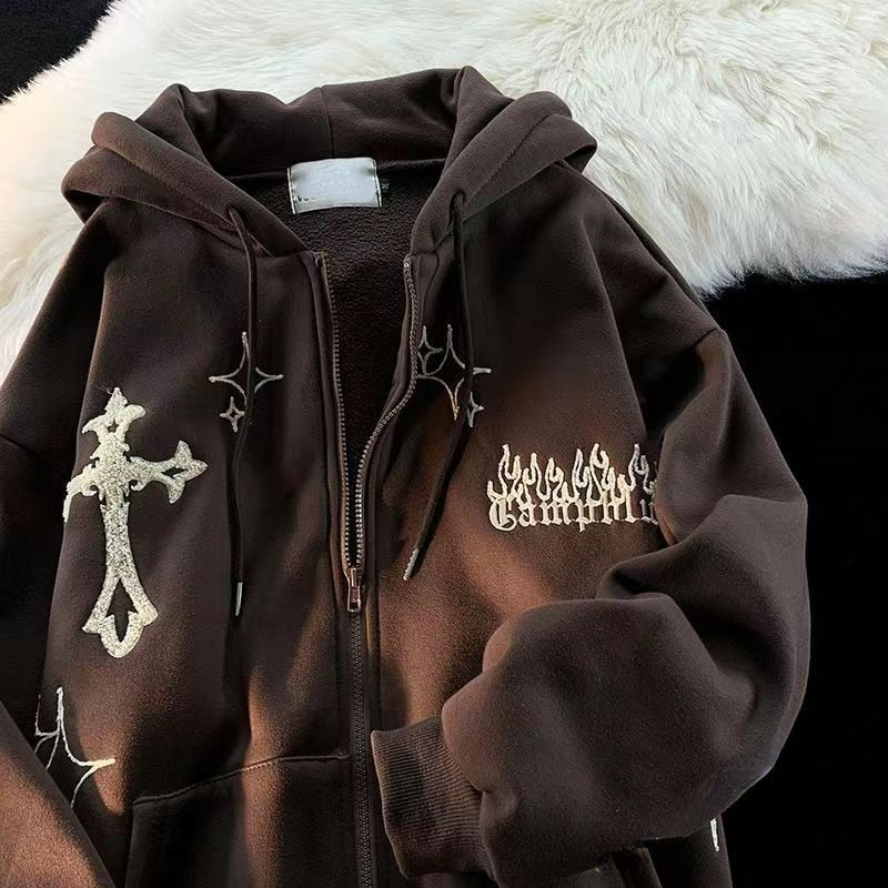 Women Letter Embroidery Hoodies Autumn Winter Vintage Zipper Long Sleeve Oversized Jacket Coat Harajuku Casual Hooded Sweatshirt