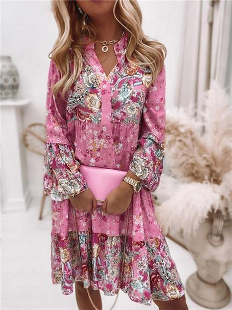 Women Floral Print Dress Oversize Elegant Pleated Long Sleeve Casual Dresses Female V Neck Loose Bohemian Beach Holiday Dresses