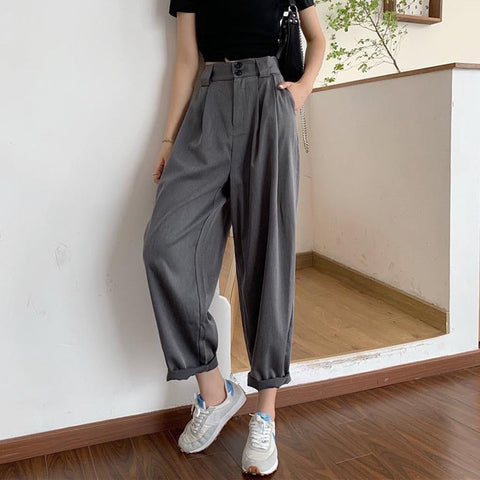 Fashion Loose Streetwear Women Wide Leg Pants Summer Elastic High Waist Suit Pants Retro Solid Black Female Trousers New S - 4XL