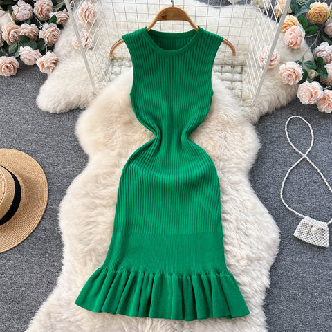 Chic Sexy Sleeveless Bodycone Mermaid Dress Elastic Knit Elegant Vestidos Vintage Summer Women Beach Vacation Fishtail Dresses