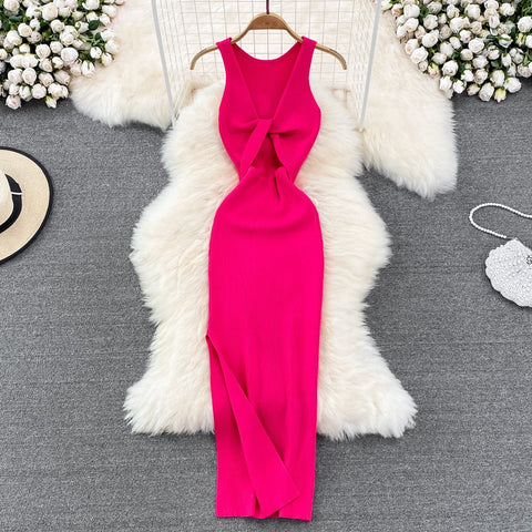 Sleeveless Hollow Split Wrap Dress Midi Sexy Fashion Elastic Tight Party Elegant Vestidos Chic Beach Vacation Summer Women Dress