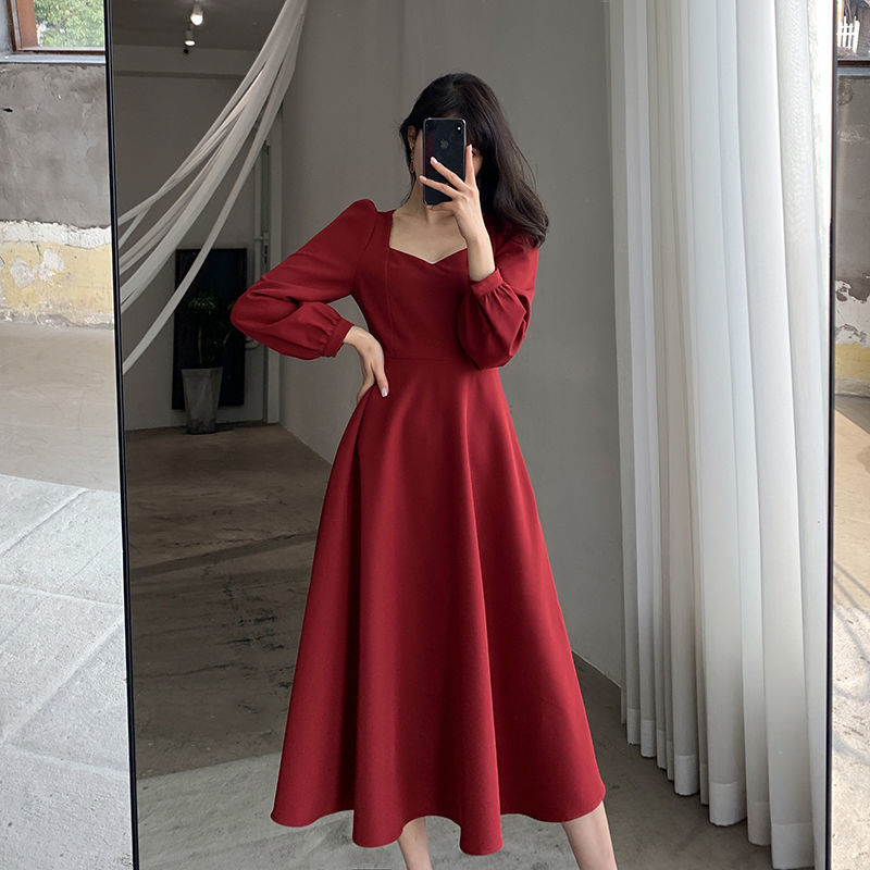 Black Dress Women's Autumn New Black Long Sleeve Dress Hepburn Style V-neck Ankle-length Retro Korean Style Long Black Dress