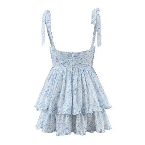 Boho Inspired Corset blue Floral Print sexy party dress bow tied Straps Dress women Chiffon tiered Ruffle cute Mini summer dress