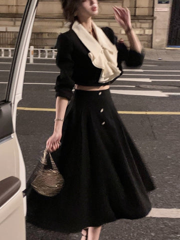 Elegant 2 Piece Dress Set Women Long Sleeve Crop Tops + Casual Black Midi Skirt Autumn Slim Retro Office Lady Korean Suits