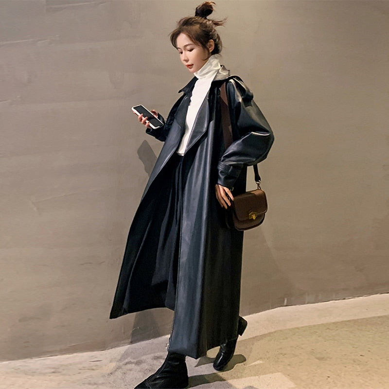 Spring Black Oversized Long Waterproof Leather Trench Coat for Women Long Sleeve Loose Korean Fashion Clothing