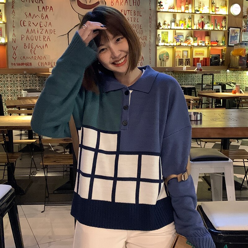 Oversized Women Polo Preppy Style O-Neck Knitted Loose Sweaters Full Sleeve Female Patchwork Pullovers Jersey Jumpers S209