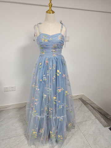 New Champagne Evening Dress Small Flowers Tulle Elegant A-line Vestido De Festa Fashion Spaghetti Strap Long Suknie Wieczorowe