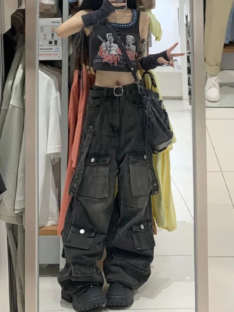 Y2k Cargo Jeans Pants Women Street Oversize Loose Multiple Pockets Female Pant Autumn Winter Vintage Hip Hop Denim Trousers