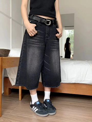 Y2k Retro Women Low Rise Jorts Brushed Black Wash Cropped Baggy Jeans Wide Leg Frayed Denim Short Pants Acubi Fashion