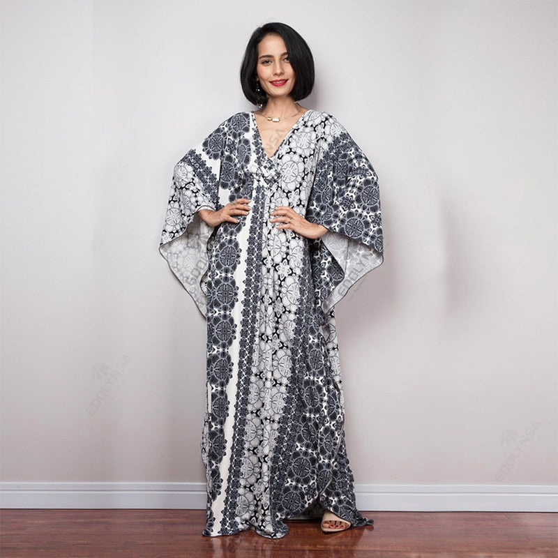 Print Maxi Dress Batwing Sleeve Tunic Spring Autumn Beach Dress Casual Plus Size Women Beachwear Kaftan Cover-ups Pbong mid size graduation outfit romantic style teen swag clean girl ideas 90s latina aesthetic