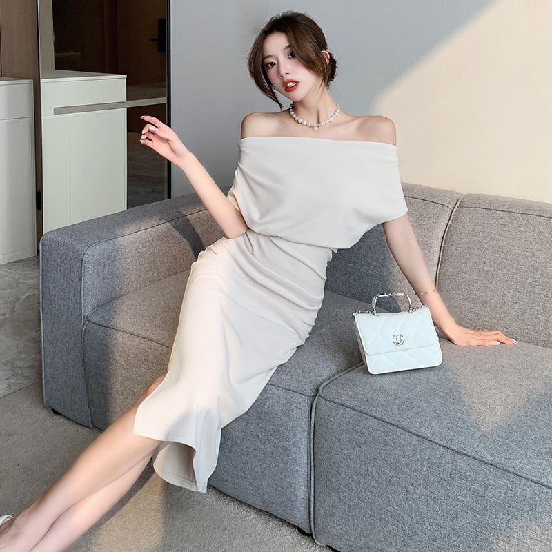 French Temperament Celebrity Wind Sexy Strapless Oblique Collar Dress Female Spring and Summer Slim Open Package Hip Long Dress