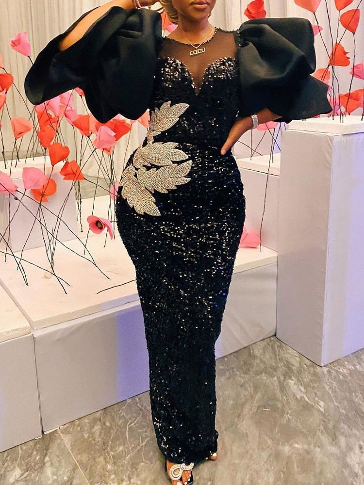 Pbong mid size graduation outfit romantic style teen swag clean girl ideas 90s latina aestheticWomen Black Long Dress Sequined Shiny Glitter Embroidered Chest Wrapped Puff Sleeve Classy Winter Fall Party Celebrity Birthday