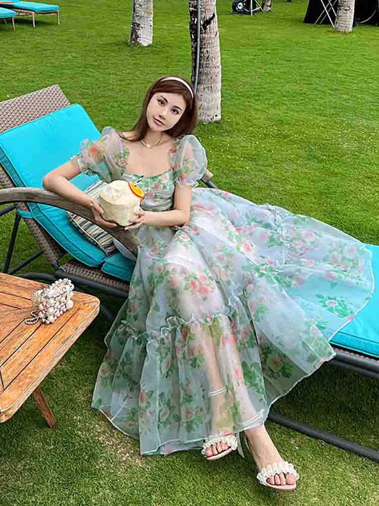 French Vintage Floral Midi Dress Women Organza Elegant Casual Party Fairy Dress Casual Holiday Princess Dress Women Spring