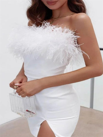 Feather Fur Hem Patchwork Mini Dress Elegant Party Strapless Off Shoulder Dress Summer Women Sleeveless Vestidos