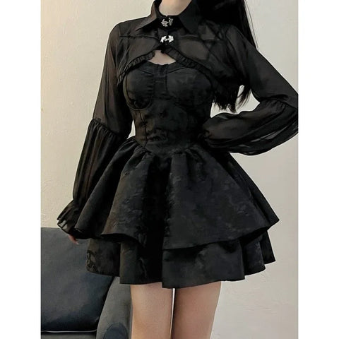 Black Sexy Lolita Dress Women Gothic Vintage Mini Dresses Harajuku Halloween Cosplay Costumes Long Sleeve Fairy Dress Woman