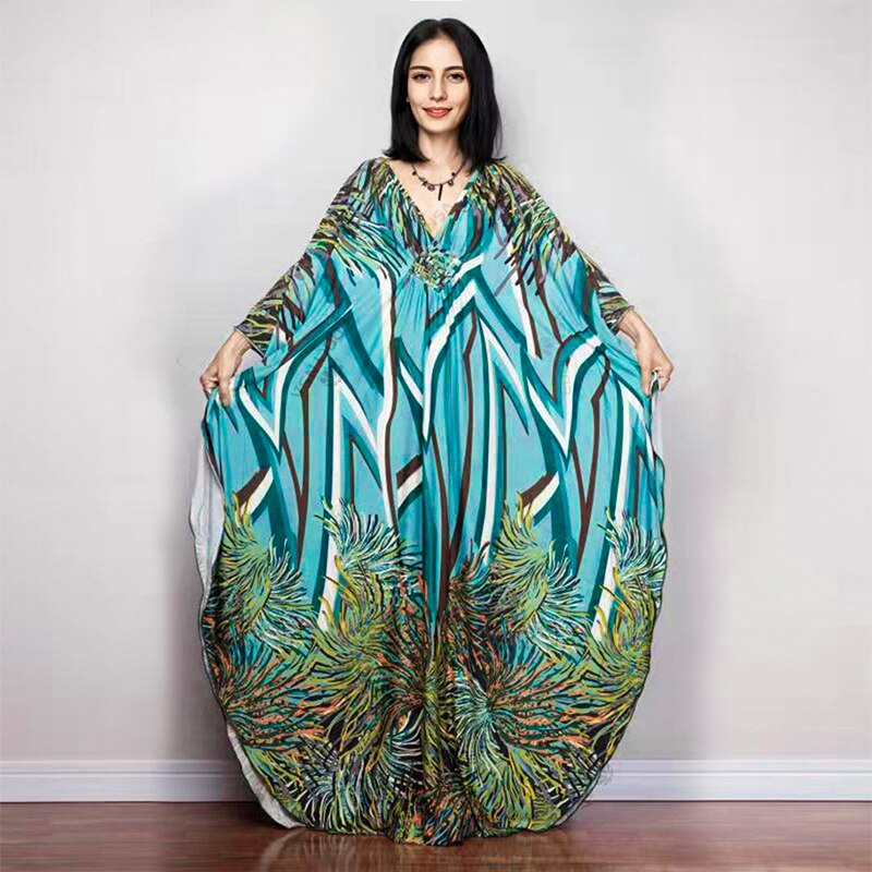 Print Maxi Dress Batwing Sleeve Tunic Spring Autumn Beach Dress Casual Plus Size Women Beachwear Kaftan Cover-ups Pbong mid size graduation outfit romantic style teen swag clean girl ideas 90s latina aesthetic