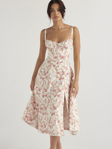 Shoulder Flower Print Sexy Dress For Women High Split Elegant Long Dresses Backless Bodycon Summer Dress Vestidos