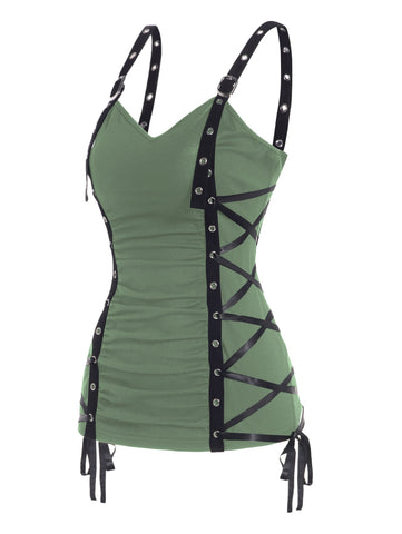 Sleeveless Plain Color Tank Top For Womens Ruched Grommet Lace Up Casual Camisole Summer Fashion Cami Vest