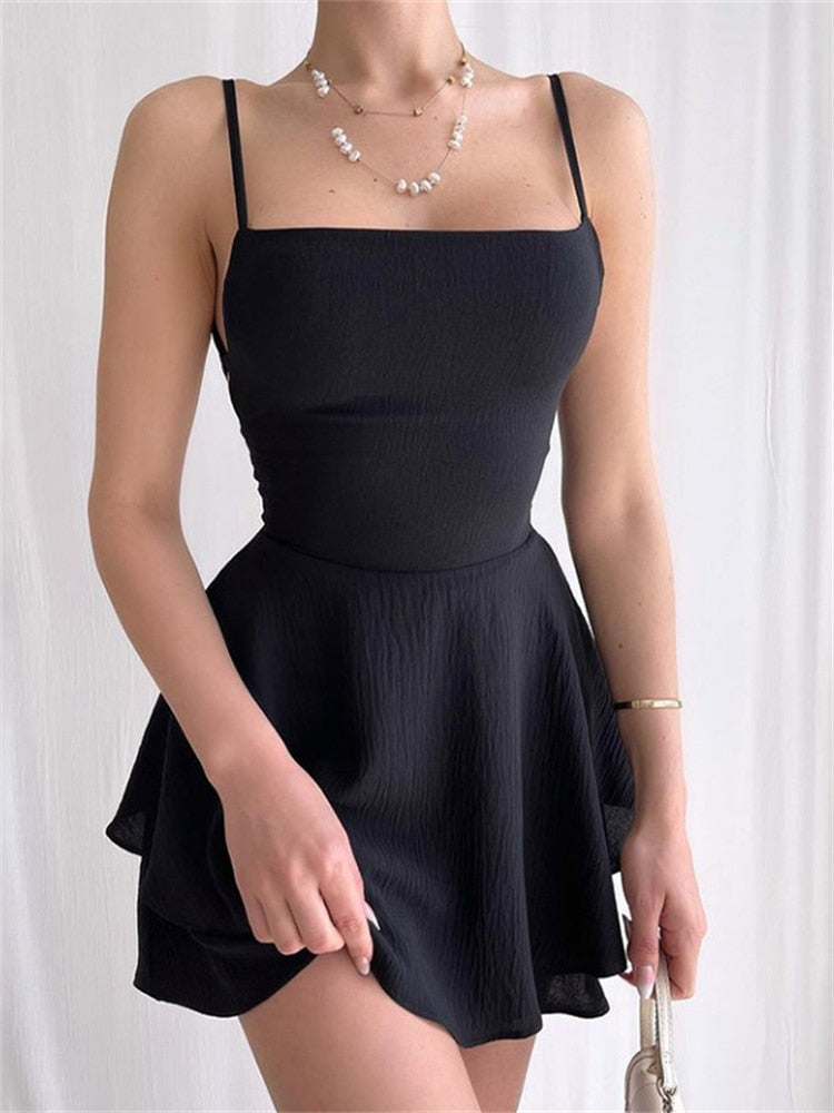 Sexy Women Suspender Strap Playsuits Fashion Square Neck Tie-up Backless Double-layer Ruffles Short Dress Jumpsuits