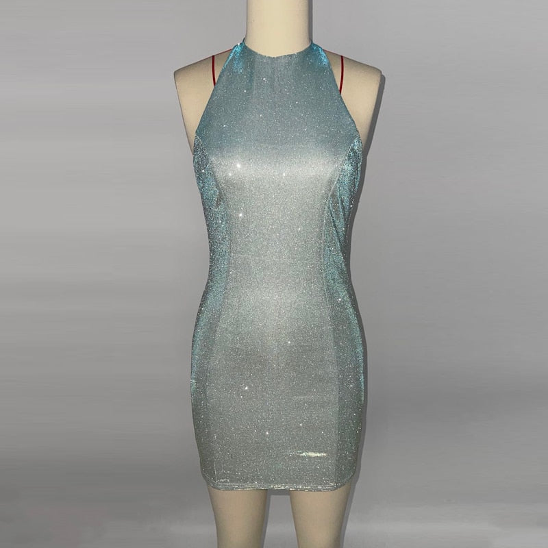 Silver Shiny Halter Party Dress Women Sexy Sleeveless Slim Bodycon Mini Dress Ladies Evening Night Club Vestidos Outfits