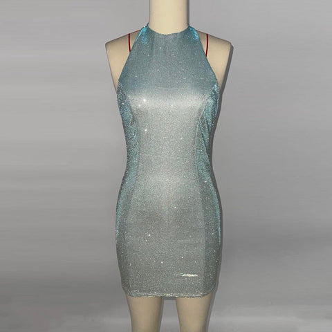 Silver Shiny Halter Party Dress Women Sexy Sleeveless Slim Bodycon Mini Dress Ladies Evening Night Club Vestidos Outfits
