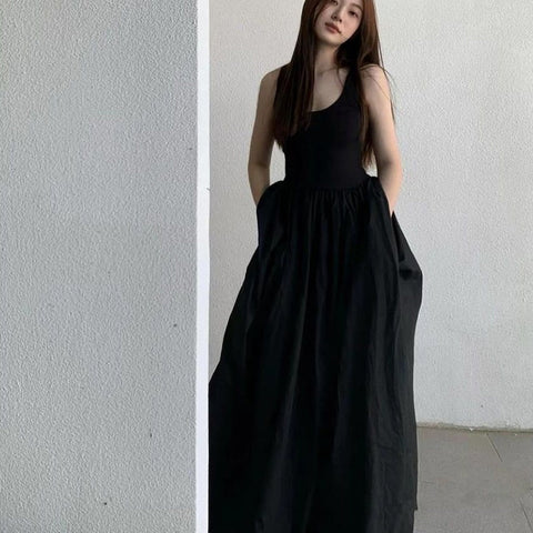 Style High Waist Sleeveless Midi Dress Women Summer Slim A Line Camis Dress Gothic Black Pleated Party Night Dress