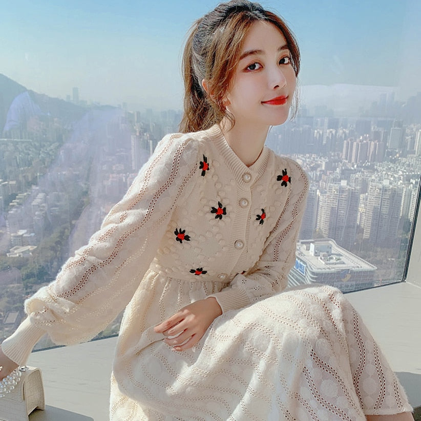 Knitting Sweater Maxi Dresses for Women Female Korea Style Slim Embroidery Wool Long Sleeve Woman Dress Party Autumn Winter