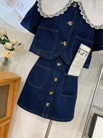 Summer Women Sweet Denim Suit Lace Peter Pan Collar Single Breasted Tops+high Waist A-line Skirts Two Piece Set