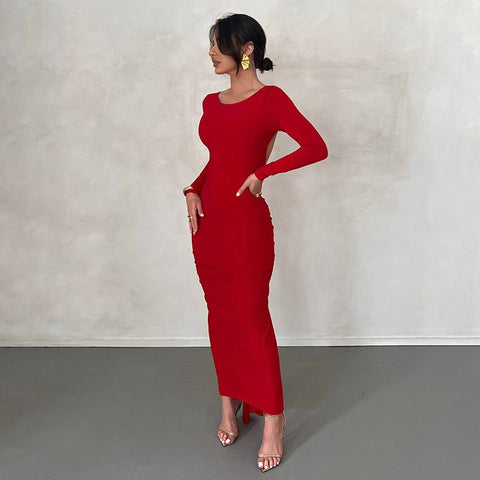 Backless Maxi Dress Elegant Red Long Sleeve Sexy Ruched Bodyocn Evening Party Dress for Women Spring Slim Christmas Outfits