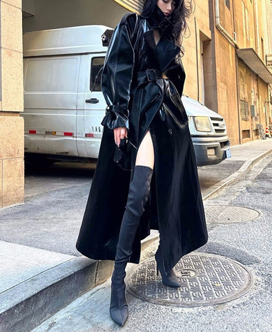 Spring Autumn Extra Long Oversized Cool Reflective Shiny Black Paten Leather Trench Coat for Women Belt Runway Fashion