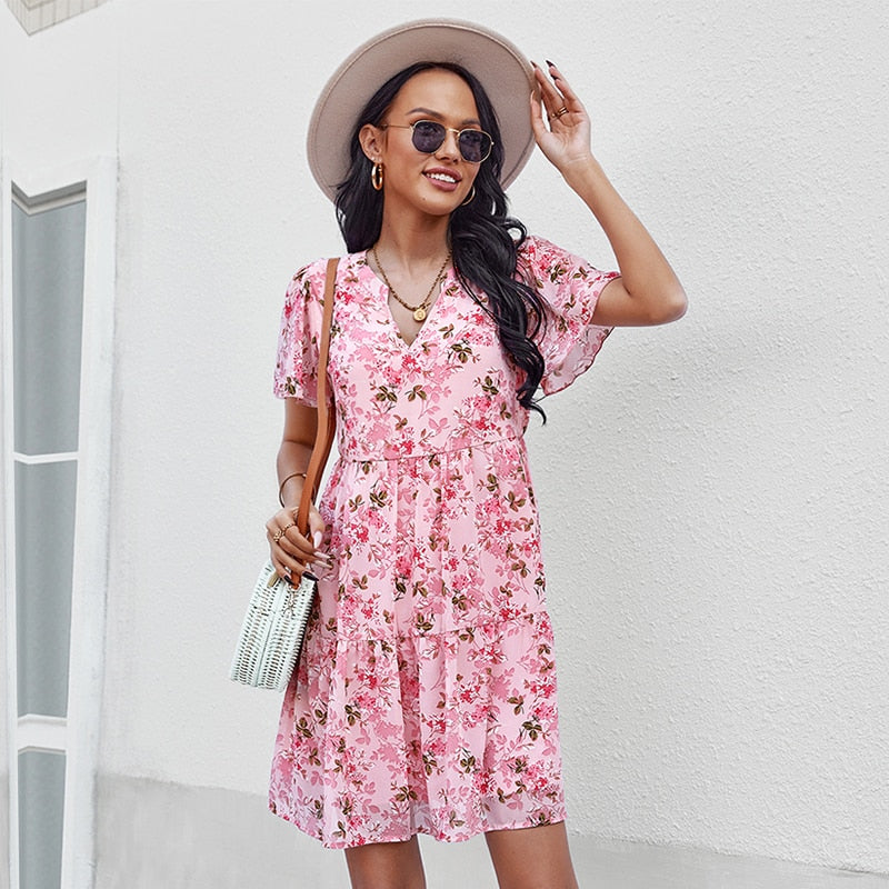 Fashion Floral Dress Women Spring Autumn V Neck Short Sleeve Loose Chic Printed Dresses