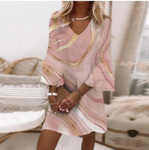 Pbong mid size graduation outfit romantic style teen swag clean girl ideas 90s latina aesthetic Women Fashion A-Line Dress Vintage Marble Print Flare Sleeve V-Neck Loose Mini Dress Female Summer Elegant Beach Dress Vestidos