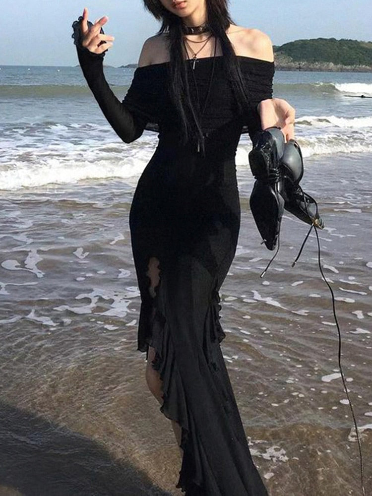 Elegant Fashion Dark Ruffles Split Long Dress Gothic Slash Neck Long Sleeve Maxi Dresses For Women Holiday Beach