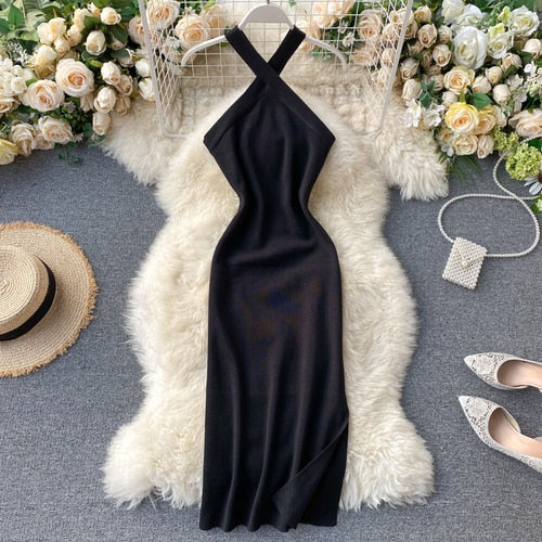 Sexy Halter Off Shoulder Knit Split Dress Chic Criss-cross Backless Beach Party Fashion Vestido Women Elastic Casual Robe Y2k