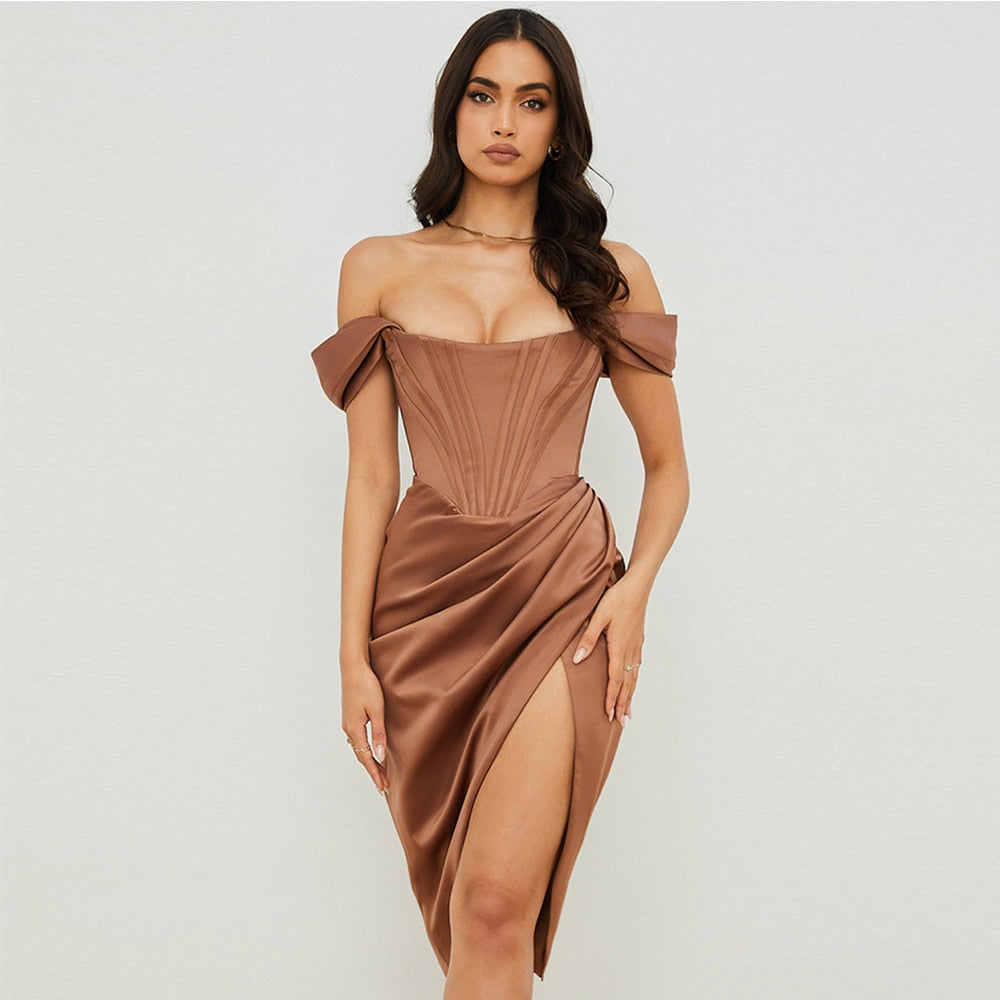 High Quality Summer Satin Bodycon Dress Women Party Dress  Arrivals Elegant Midi Dress Sexy Celebrity Evening Club Dress