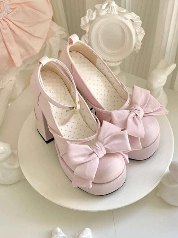 Pink Sweet Lolita Mary Janes Shoes Women Japanese Princess Kawaii High Heels Shoes Female Bow French Vintage Platform Shoes