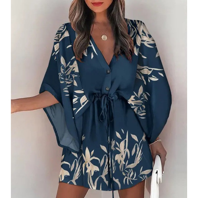 Summer Boho Mini Dress Women Flora Print Batwing Sleeve Lace-Up V Neck Loose Button Dresses Ladies Beach Party Dress Vestido